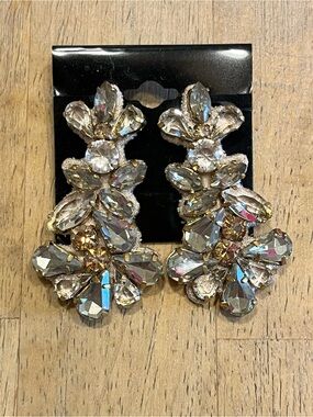 J. Crew Crystal Floral Drop Earrings - Clear Gold-Tone Fabric Backed